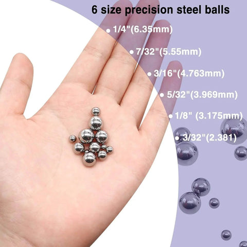 Hand holding 620PCS 304 Stainless Steel Precision Balls,Bicycle Bearing Balls Assortment Kit,6 Sizes Steel Balls 1/4" 7/32" 3/16" 5/32" 1/8" 3/32".