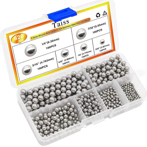 Open box showing 620PCS 304 Stainless Steel Precision Balls, Bicycle Bearing Balls Assortment Kit in 6 sizes, 1/4" to 3/32".