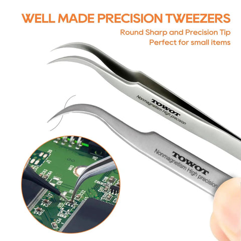 Close-up of precision stainless steel pointed tweezers for craft, electronics, soldering, and jewelry making, non magnetic