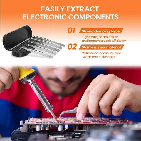 Person using precision stainless steel pointed tweezers for electronics soldering, showcasing strong clamping and stainless steel material.