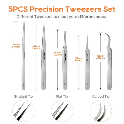 Precision Stainless Steel Pointed Tweezers For Craft, Electronics, Soldering, Jewelry Making, And Industrial Use, Non Magnetic, Hand Sharpened Tips, Corrosion Resistant Crafting Tool showing 5 types with straight, flat, and curved tips.
