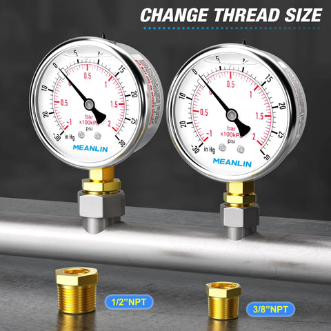 Two Meanlin vacuum pressure gauges, 2.5-inch stainless steel dials, -30inHg to 30psi, lower mount, with 1/2" and 3/8" NPT hex bushings