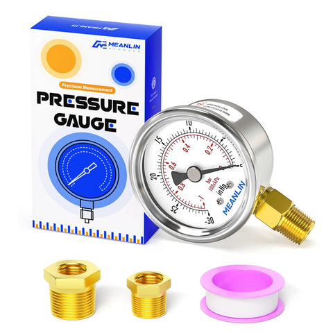 MEANLIN vacuum pressure gauge kit, stainless steel, 2-inch dial, 1/4-inch NPT, includes two brass adapters and pink gasket