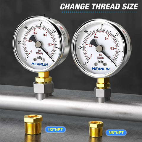 MEANLIN vacuum gauge pair, stainless steel, 2-inch dial, mounted on pipe with 1/2 NPT and 3/8 NPT bushings.