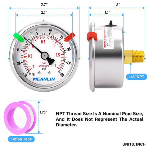Meanlin vacuum/pressure gauge, 2.5 in dial, -30 inHg to 30 psi, 1/8 in NPT, stainless steel, liquid-filled, back mount
