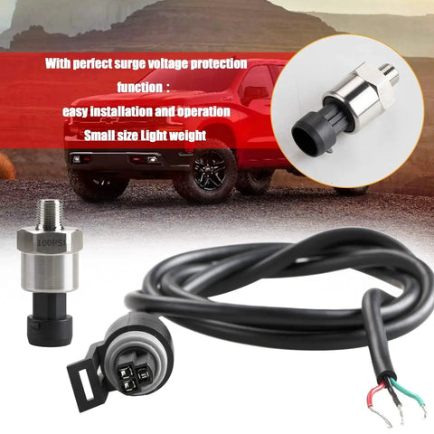 Stainless Steel 316 Pressure Transducer Sensor 100 Psi With 40 Inch Cable And One Eighth Inch NPT Connector Compatible With Oil Fuel Air Water, 0.5 V To 4.5 V Linear Output, High Temperature Resistant, Durable Industrial Gauge Sensor image showing sensor components and features.