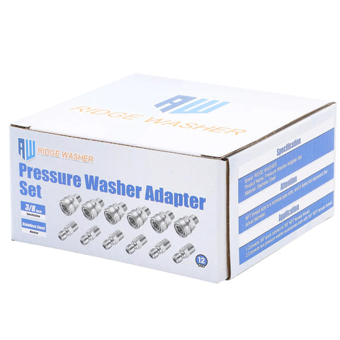 Ridge Washer Pressure Washer Adapter Set, 12-piece stainless steel fittings, 3/8-inch quick-connect, box front view
