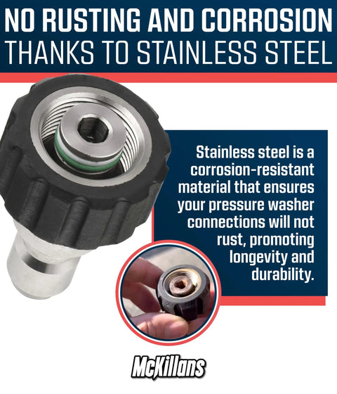 Image of Heavy Duty M22 To Three Eighth Inch Quick Disconnect Kit For Pressure Washers, showing stainless steel connector.