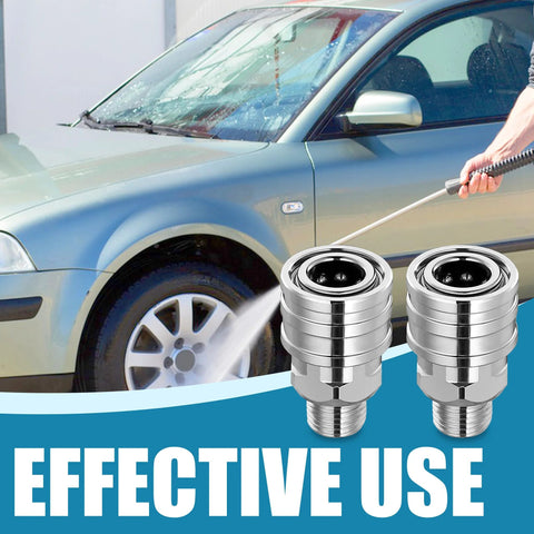 Two stainless steel 1/4-inch pressure washer fittings with quick-connect adapters, side-by-side