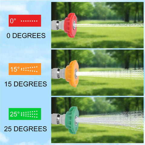 Podoy pressure washer nozzle tips set, red 0°, orange 15°, green 25°; 1/4 in quick-connect, 3.0 orifice, pack of 6