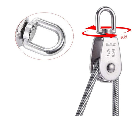 304 Stainless Steel Pully Single Wheel Swivel Pulley Block Lifting Rope 25mm Set with cable and swivel detail