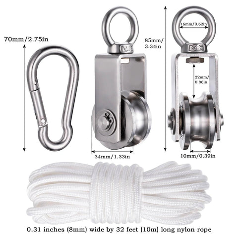 Cable Pulley Block Heavy Duty Stainless Steel, Bearing Inside with 32ft Nylon Rope and 1 Hook,Swivel Single Pulley Wheel,Good for Pulley Lifing System,Loading 551lb