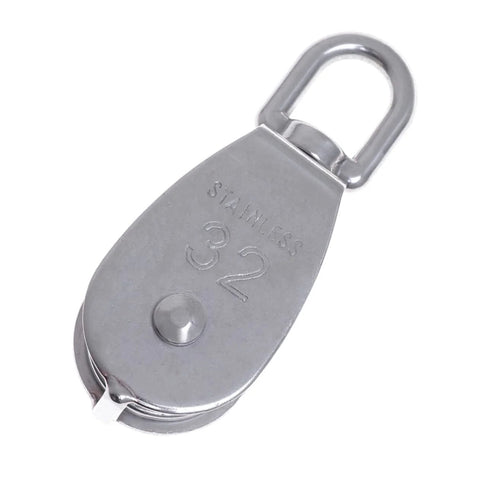 Close-up of 32mm Stainless Steel Single-Sheaved Pulley Roller Swivel Function Heavy Duty Wire Rope Pulley for Lifting Systems, showing front view.