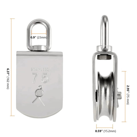 Front and side view of 2 Pack M75 Lifting Single Pulley Roller, 304 stainless steel, load capacity 1700 lbs, silver with measurements