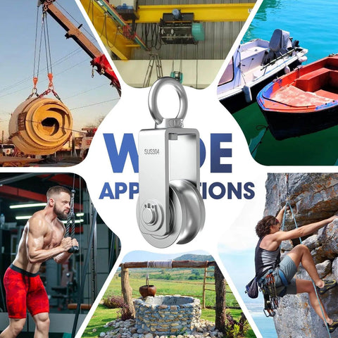 Collage featuring U Type Swivel Pulley Block, 304 Stainless Steel for wire rope lifting in various applications, including gym and marine use.