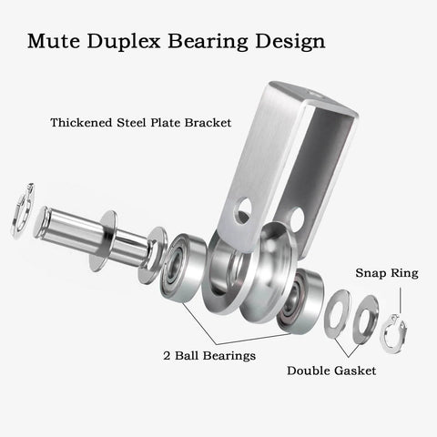Exploded view of dual-bearing cable pulley wheel set for rope systems with thickened steel plate bracket and 608 bearings.