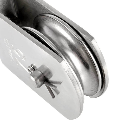 Close-up of 2 Pack M75 Lifting Single Pulley Roller, 304 Stainless Steel, with visible wheel and pin, silver color.