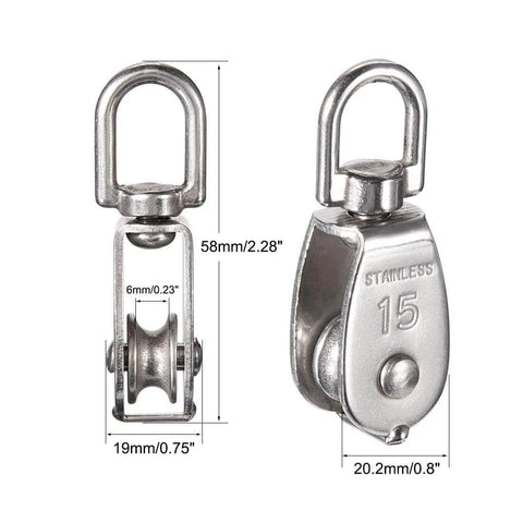 Stainless Steel Wire Rope Crane Pulley Block M15 Lifting Crane Swivel Hook Single Pulley Block with dimensions shown.