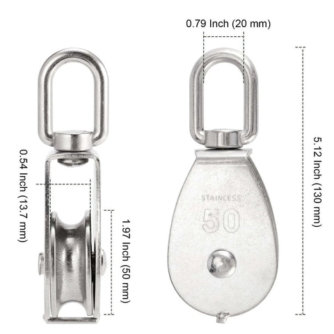 Front and side view of 6 Pack M50 Single Pulley Block, 304 Stainless Steel Lifting Wire Crane Pulley Roller with dimensions, 880 Lbs load