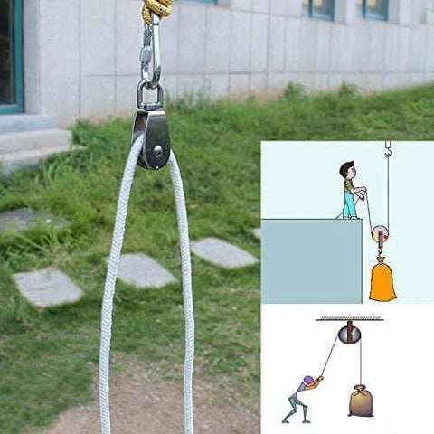 Outdoor setup of 2-Pack M15 Single Pulley Block Stainless Steel Heavy Duty Hardware Single Wheel Swivel Rigging Lifting Wheel Fixed Pulley for Wire Rope Loading 35kg, with usage illustration.