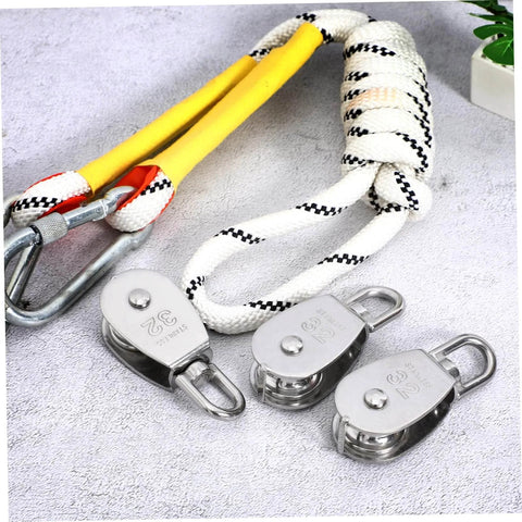 3pcs Stainless Steel Pulley Single Block Lifting Pulley Heavy Duty Cable Pulley Roller next to yellow and white rope
