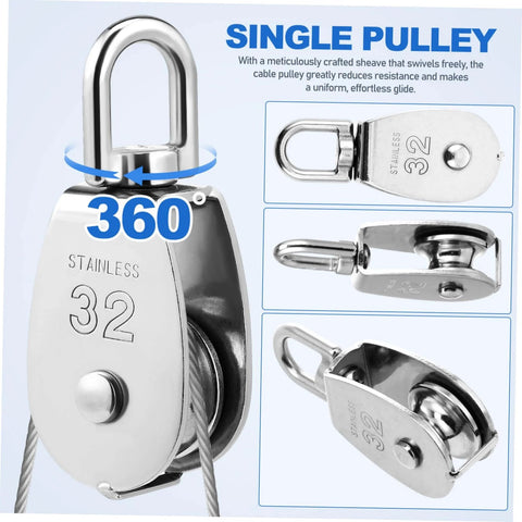 3pcs Stainless Steel Pulley Single Block Lifting Pulley Heavy Duty Cable Pulley Roller for Rope Rigging Block, various angles