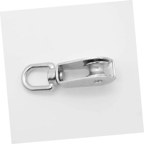 35kg Stainless Steel Pulley Single Sheaved Capacity Movable Pulley Block Wheel Swivel, side view showing 15mm wheel and swivel.