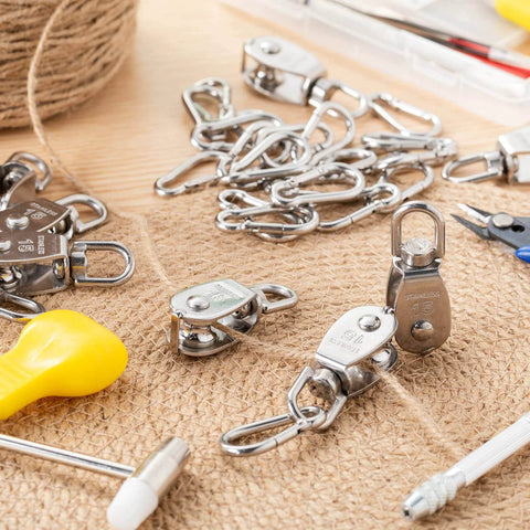 30 Pcs Single Pulley Block System 304 Stainless Steel Pulley Wheel Hanging Wire Towing Wheel with 30 Pcs Spring Snap Hook, Lifting Wire Rope Single Swivel Roller, Silver(M15) on a table.
