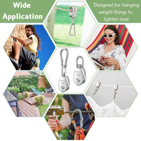 Collage of various uses for 30 Pcs Single Pulley Block System 304 Stainless Steel Pulley Wheel with Snap Hook