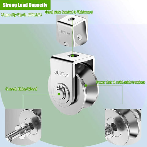 2Pack Pulley Block U 304 Stainless Steel Pulley Roller, 2 Inch Heavy Duty Duplex Bearing Silent Grooved Wheel