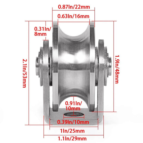 U Groove Pulley Block 2" in 304 stainless steel with duplex bearing, side view with dimensions, for wire rope traction, home gym use.