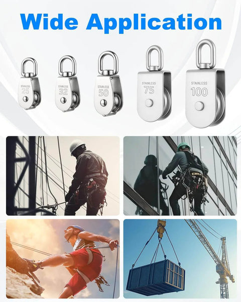 6 Pack M32 Stainless Steel Wire Rope Crane Pulley Block 551lbs Lifting Crane Swivel Hook displayed with applications