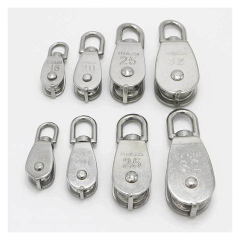 Various sizes of stainless steel single pulley blocks including M20 Cable Single Pulley Block Stainless Steel Hanging Wire Towing Lifting Rope Wheel Marine Boat Pulley Blocks for (M20) arranged neatly on a white background.
