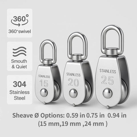 Three stainless steel swivel pulley blocks, sizes 15, 20, 25, with 360° swivel and smooth operation, available in various wheel options.