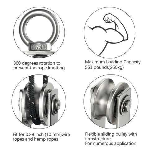 Cable Pulley Wheel Stainless Steel, Bearing Inside, Rope Pulley for Pulley System, Gym Equipment, Clothesline, 2 Pack shown in detailed views