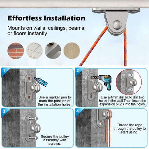 Diagram showing installation of Small Pulley Block, 4 Pack 304 Stainless Steel Pulley Wheel, Heavy Duty Silent Metal Pulley Wheel with Ball Bearings