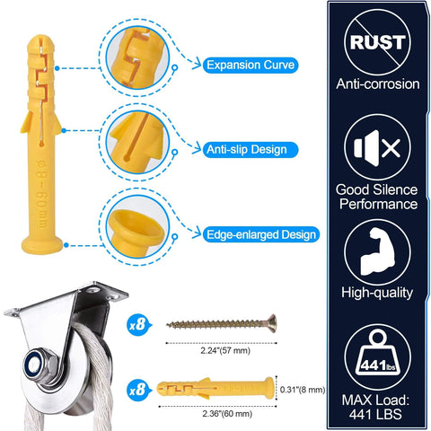 ✝️ Groove Pulley Wheel with yellow expansion plugs, anti-slip, edge-enlarged design, and screws. Supports 441 lbs for rope systems.