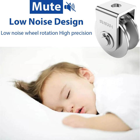 Sleeping child with 2 Pack 2 Inch Pulley Block U Grooved Wheel Pulley, 304 Stainless Steel Pulley Roller in focus, low noise design