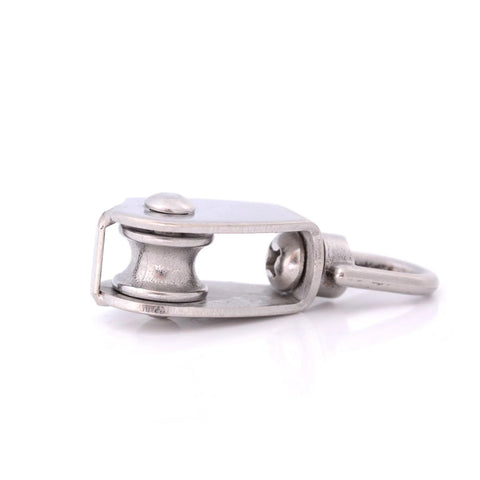 Close-up view of Wire Rope Lifting Rope Pulley Stainless Steel M15 Wheel Swivel Pulley Block for Hanging Weight Things to Lighten Load.