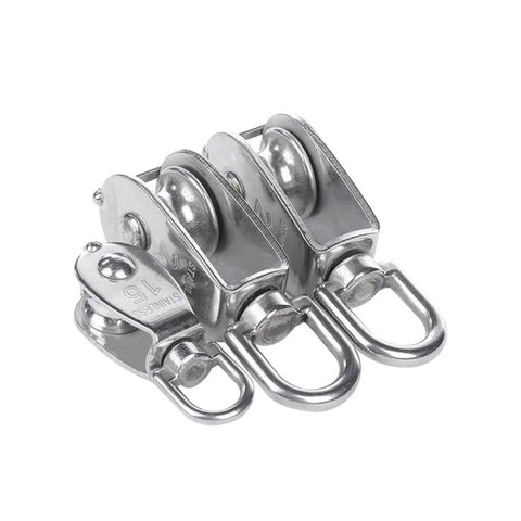Stainless Steel Pulley M15 Single Wheel Swivel Lifting Rope Pulley Set shown in a side view, featuring the durable steel construction.