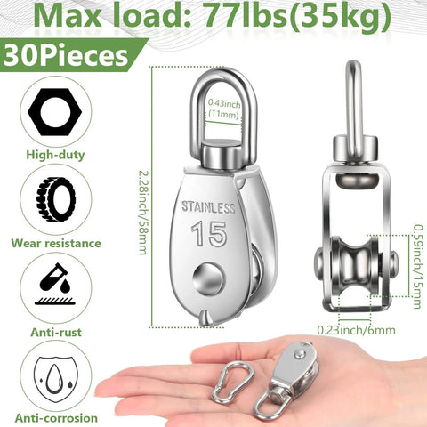 30 Pcs Single Pulley Block System 304 Stainless Steel Pulley Wheel Hanging Wire Towing Wheel with 30 Pcs Spring Snap Hook, Lifting Wire Rope Single Swivel Roller, Silver(M15) displayed with dimensions and features