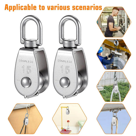 Small Pulley, 3 Pack M15 Cable Pulley, 304 Stainless Steel Pulleyblock, Pulleys for Rope, Heavy Duty Pulleys shown in various installations