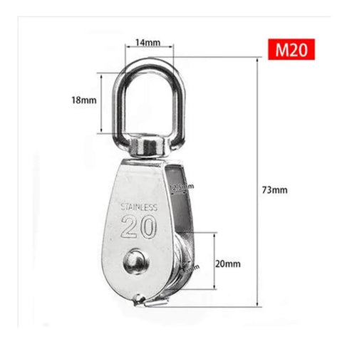 Front view of Stainless Steel Pulley M20Single Wheel Swivel Lifting Rope Pulley Set Lifting Wheel Tools(M20) with dimensions.
