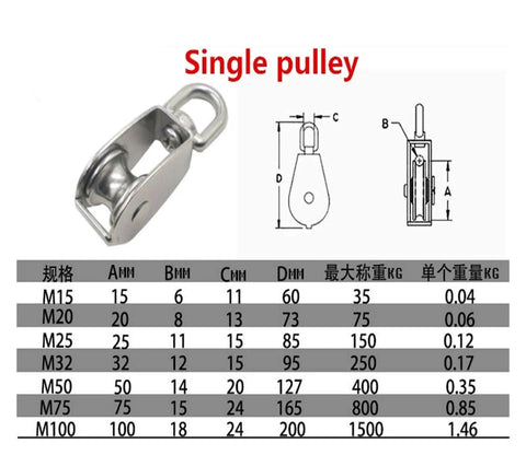 Stainless Steel Pulley M20Single Wheel Swivel Lifting Rope Pulley Set Lifting Wheel Tools(M20) with dimensions chart