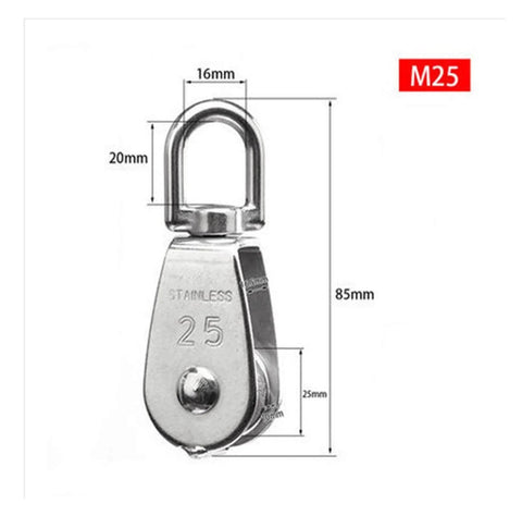Stainless Steel Pulley M25 Single Wheel Swivel Lifting Rope Pulley Set Lifting Wheel Tools(M25) front view with dimensions
