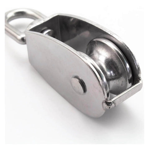 Close-up of Stainless Steel Pulley M25 Single Wheel Swivel Lifting Rope Pulley Set, showing the wheel and metal body.
