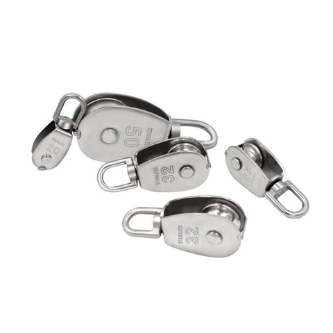 Stainless Steel Pulley M25 Single Wheel Swivel Lifting Rope Pulley Set Lifting Wheel Tools displayed in various sizes.
