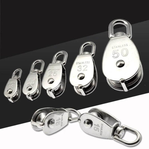 Stainless Steel Pulley M32 Single Wheel Swivel Lifting Rope Pulley Set Lifting Wheel Tools in various sizes on display