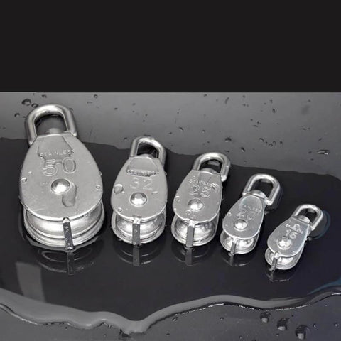 Stainless Steel Pulley M32 Single Wheel Swivel Lifting Rope Pulley Set lined up among other sizes.
