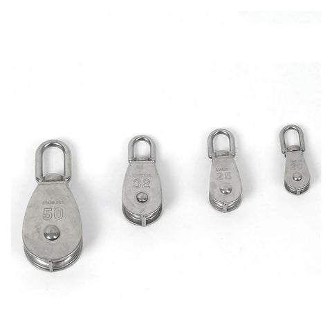 Four stainless steel pulleys of different sizes, including Stainless Steel Pulley M25 Single Wheel Swivel Lifting Rope Pulley Set